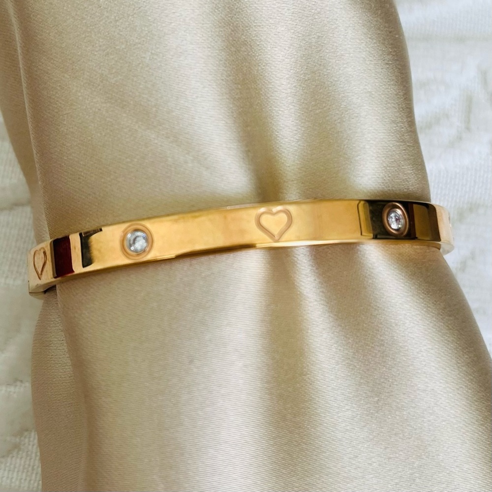 Gold Bangle Bracelet with Hearts and Crystals